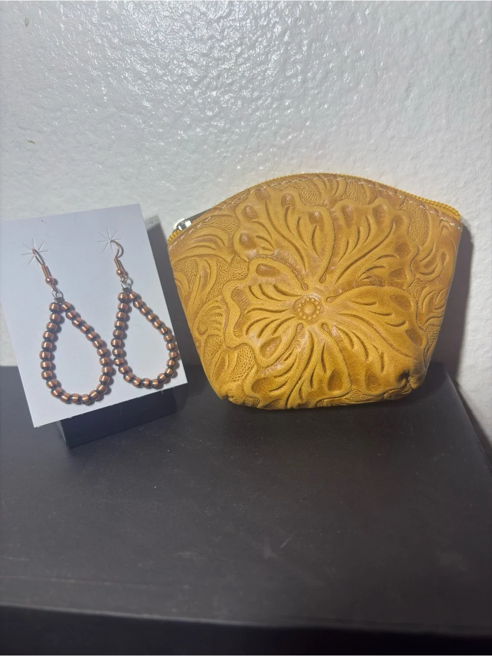 Embossed Floral Leather Coin Purse And Copper Navajo Pearls Dangle